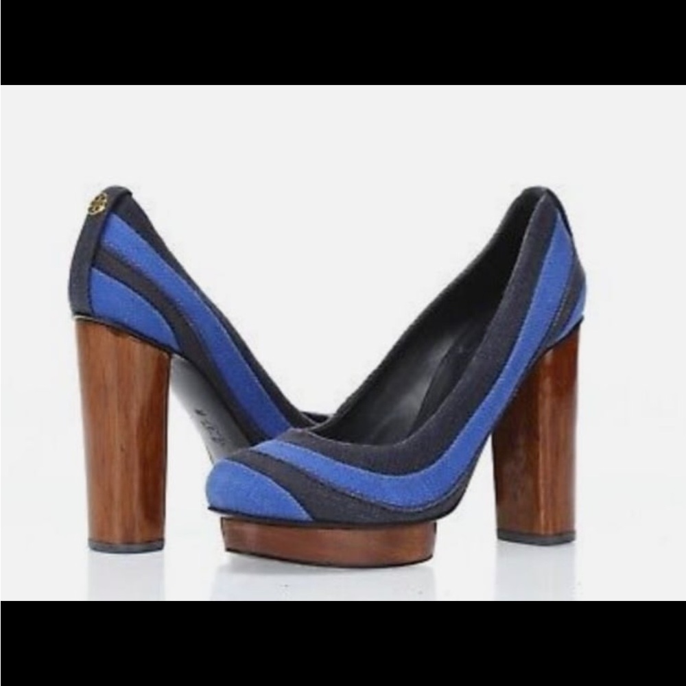Tory Burch Blue and Black Peep-Toe Heels